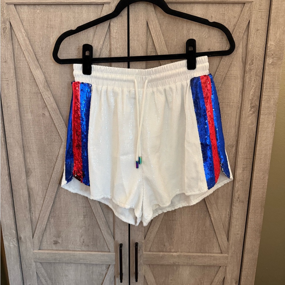 Queen of Sparkles White Sequin Shorts with Blue and Red Sequin Accents